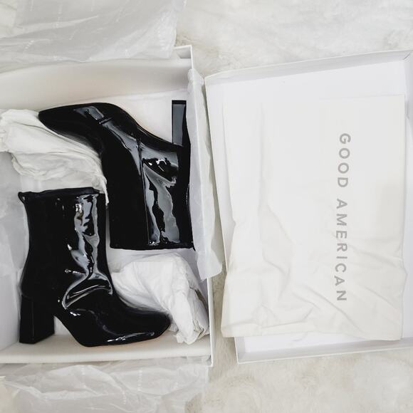 NEW Good American Black Patent Leather Square Toe Ankle Boot - Picture 7 of 8